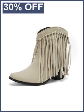 Faux Suede Fringe Western Ankle Boots Square Toe Pull On Cowgirl Booties